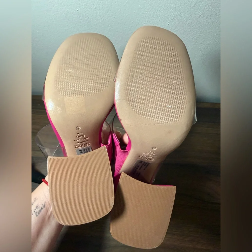 Schutz Victorie Pink Block Heels Clear Strap 8.5